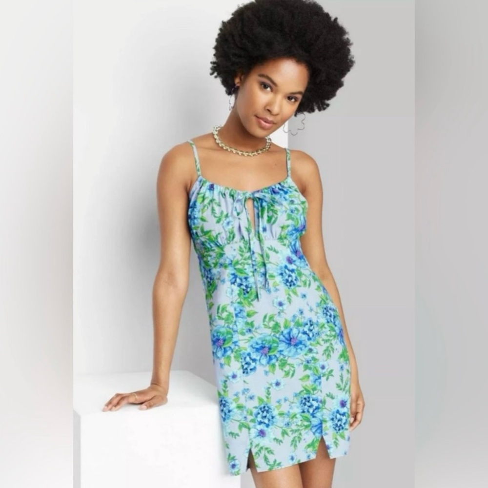 Slip Dress Women Blue Floral Linen Blend Mini Babydoll Milkmaid Y2k Cottagecore